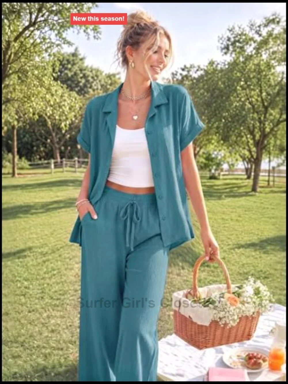2 Piece Set Women Summer Vacation Outfits Button Down Shirt Wide Leg Pant Set - Picture 3 of 7